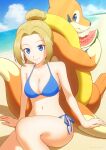  1girl arm_support beach bikini blonde_hair blue_bikini blue_eyes breasts cleavage closed_mouth cloud commentary_request day eyelashes floatzel food fruit hair_bun halterneck highres kuroki_shigewo large_breasts navel ocean outdoors pokemon pokemon_(creature) pokemon_brilliant_diamond_and_shining_pearl revision sand shore side-tie_bikini_bottom sitting sky smile string_bikini swimmer_(pokemon) swimsuit water watermelon watermelon_slice 