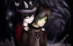 16:10 2018 animal_humanoid black_hair bloominglynx brown_clothing brown_jacket brown_topwear clenched_teeth clothed clothing detailed_background digital_drawing_(artwork) digital_media_(artwork) duo eyes_closed female flower flower_crown forest green_eyes green_sclera hair hi_res horn humanoid jacket long_hair male night outside plant red_clothing red_shirt red_topwear shaded shirt short_hair smile teeth topwear tree white_horn widescreen