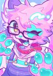 4_fingers absurd_res anthro august_(meowmcmeow) azuma_121 biped blue_body blue_clothing blue_fur blue_nose blue_pawpads blue_shirt blue_tongue blue_topwear claws clothed clothing collar digital_media_(artwork) domestic_cat eyewear facial_markings fangs felid feline felis fingers fur glasses head_markings heart_(marking) heart_symbol hi_res looking_at_viewer male mammal markings multicolored_body multicolored_fur one_eye_closed open_mouth open_smile overalls pattern_clothing pattern_shirt pattern_topwear pawpads paws pink_body pink_fur red_collar sharp_teeth shirt smile solo striped_clothing striped_shirt striped_topwear stripes teeth tongue toony topwear white_body white_clothing white_fur white_shirt white_topwear wink