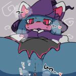 1:1 2026 anthro anus ardest blue_body blush bodily_fluids breath clothed clothing felid feline female front_view genital_fluids genitals grey_background hat headgear headwear heart_symbol katress kemono lying mammal on_back pal_(species) palworld partially_clothed pocketpair simple_background solo spread_legs spreading text vaginal_fluids vulva witch_hat