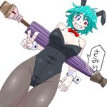  animal_ears aono3 aqua_hair black_legwear blue_eyes bow bowtie breasts bunny_ears bunnysuit collarbone dutch_angle grin heterochromia karakasa_obake large_breasts pantyhose red_eyes simple_background smile solo speech_bubble tatara_kogasa touhou umbrella v wrist_cuffs 