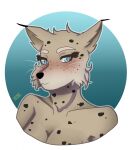 2021 anthro black_nose black_spots blue_eyes blue_outline blue_pupils breasts bust_portrait cheek_tuft circle closed_smile collarbone colored digital_drawing_(artwork) digital_media_(artwork) english_description eyebrows eyelashes facial_tuft felid feline female female_anthro fluffy_ears freckled_face freckles fur grey_body grey_fur hi_res lynx lynx_(monstergirlreality) mammal markings monstergirlreality mouth_closed multicolored_body multicolored_fur nude nude_anthro nude_female outline portrait pupils redraw shaded signature simple_background smile smiling_at_viewer solo spots spotted_body spotted_fur tan_body tan_eyebrows tan_fur tuft whiskers white_background white_sclera white_whiskers