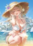  1girl absurdres alternate_costume beach bikini bikini_bottom_under_shorts bikini_under_clothes black_shorts blue_sky blush breasts collarbone commentary cutoffs day firefly_(honkai:_star_rail) grey_hair hat highres honkai:_star_rail honkai_(series) horizon large_breasts looking_at_viewer meoyo ocean open_mouth red_eyes shorts sky solo squatting straw_hat swimsuit white_bikini 