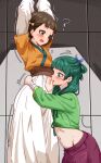  2girls ? arms_up bakasp-lilzy blue_eyes blush bound breasts brown_eyes brown_hair chinese_clothes clothes_lift clothing_cutout commentary dress english_commentary freckles green_hair highres hug kusuriya_no_hitorigoto long_sleeves maomao_(kusuriya_no_hitorigoto) medium_hair multiple_girls navel navel_cutout open_mouth red_skirt restrained short_hair skirt small_breasts xiaolan_(kusuriya_no_hitorigoto) yuri 