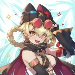  1girl absurdres bare_shoulders black_gloves black_hat blonde_hair braid breasts cleavage_cutout clothing_cutout commentary detached_sleeves ear_piercing fingerless_gloves genshin_impact gloves goggles goggles_on_head hair_between_eyes hat highres jahoda_(genshin_impact) krow_(elkrow2) long_hair looking_at_viewer medium_breasts open_mouth orange_eyes piercing sharp_teeth sidelocks smile solo sparkle star-shaped_pupils star_(symbol) symbol-shaped_pupils teeth upper_body 