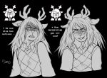 2026 anthro antlers bangs black_background buckteeth cartoon_freckles clothed clothing crazy_eyes deer deltarune dialogue digital_drawing_(artwork) digital_media_(artwork) english_text evil_look expression_sheet eyelashes female female_anthro freckled_face freckles front_view fully_clothed greyscale grin hair half-length_portrait hi_res horn inner_ear_fluff long_hair looking_at_viewer mammal monochrome multiple_images new_world_deer noelle_holiday portrait reference_image reference_inset reindeer shadowed_eyes signature simple_background smile snowgrave solo teeth text thesnowflake18 topwear tuft undertale_(series) vest