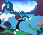 2024 2_toes 3_fingers amphibian anthro belt biped black_eyes blue_body blue_nose blue_skin blue_sky clitoris crescent_moon detailed_background digital_media_(artwork) featureless_chest feet female female_anthro fingers flower frog frogadier front_view generation_6_pokemon genitals grass hi_res leaf looking_at_viewer lying meraence moon narrowed_eyes nature nintendo nude nude_anthro nude_female on_back on_grass on_ground pink_clitoris pink_vulva plant pokemon pokemon_(species) pose presenting presenting_vulva semi-anthro sky smile smiling_at_viewer snout solo star starry_sky toes tree vulva water water_lily yellow_sclera