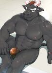abs anthro barazoku black_body black_fur bodily_fluids bovid bovine bulge cattle clothed clothing eyebrows fur gyumao_(tas) hair hi_res horn kyatune lifewonders male mammal muscular muscular_anthro muscular_male nipples pecs red_hair scar sitting smile solo speedo speedo_only sweat swimwear thick_eyebrows tokyo_afterschool_summoners topless