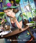  breasts brown_eyes brown_hair chin_rest cleavage cup dress dutch_angle earrings forest_witch glasses greenhouse hat highres jewelry large_breasts lipstick long_hair makeup nakano_tomokazu nose plant rimless_eyewear shingeki_no_bahamut sitting smile solo staff teacup witch_hat 