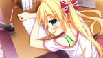  1girl arm_pillow blonde_hair bookshelf computer desk from_above game_asset green_eyes green_shirt hair_ornament hairclip hinata_nao hoshimi_miku indoors laptop leaning_forward looking_at_viewer non-web_source note off_shoulder official_art open_mouth pen pink_shirt shirt short_sleeves solo tank_top turning_head twintails waking_up yuuwaku_scramble 