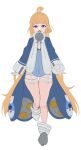  1girl ahoge blonde_hair blue_jacket full_body garter_straps gloves highres hiroaari jacket long_hair looking_at_viewer norma_hollowell open_mouth purple_eyes simple_background solo thighhighs very_long_hair white_background white_garter_straps white_gloves white_thighhighs zenless_zone_zero 