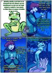 alfonso_memes_inojosa amphibian annoyed comic dialogue duo eye_contact eyelashes female female_feral feral freckled_face freckles frog green_body green_eyes hi_res horizontal_pupils human kissing larger_human looking_at_another male male_human mammal night open_mouth outside plant pond pupils size_difference sky smaller_feral spanish_text standing text toad_(frog) translated tree
