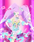 1girl :d ;d ahoge bare_shoulders blue_bow blue_choker blue_dress bow bow_choker choker clenched_hand commentary_request detached_sleeves dress dress_bow green_eyes hair_bow hand_on_own_hip hand_up layered_dress long_hair long_sleeves looking_at_viewer manaka_laala moudoku_(decopon3rd) one_eye_closed open_mouth pink_bow pink_dress pretty_series pripara priticket purple_hair smile solo twintails two-tone_dress very_long_hair yellow_bow 