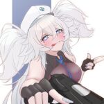  1girl :p ;p bare_shoulders between_breasts black_dress black_gloves blue_eyes blue_nails blue_necktie blush breasts clothes_between_breasts commentary_request dress fang fingerless_gloves florence_(girls'_frontline_2) girls'_frontline girls'_frontline_2:_exilium gloves gun hair_between_eyes handgun hands_up hat heart heart-shaped_pupils holding holding_gun holding_weapon kana_(4276zero) long_hair mab_pa-15 medium_breasts messy_hair nail_polish necktie necktie_between_breasts no_jacket one_eye_closed pa-15_(girls'_frontline) sleeveless sleeveless_dress solo symbol-shaped_pupils tongue tongue_out upper_body very_long_hair weapon white_hair white_hat 