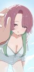  1girl absurdres arimura_mao aroon bikini bikini_under_clothes breasts cleavage collarbone commentary_request front-tie_bikini_top front-tie_top gakuen_idolmaster highres idolmaster jacket jacket_over_swimsuit kimi_to_semi_blue_(idolmaster) large_breasts looking_at_viewer pink_hair pov purple_eyes short_hair smile solo sweat swimsuit two-sided_fabric two-sided_jacket upper_body white_bikini white_jacket 