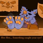1:1 anthro bodily_fluids box button_(fastener) button_eyes candy container delta_rune_(emblem) deltarune dessert dialogue domestic_cat feet felid feline felis flag food foot_fetish foot_focus foot_on_table furniture hi_res mammal melee_weapon mini_mogsey musk musky_feet pawpads paws scar seam_(deltarune) solo stitch_(sewing) store sweat sweaty_feet sword symbol table teasing teasing_viewer text undertale_(series) weapon