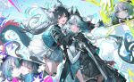  2girls animal_ears arcane_(arknights) arknights arknights:_endfield asymmetrical_gloves bird_ears bird_girl black_gloves black_hair blue_eyes blue_gloves blue_horns blue_jacket blue_tail cheek-to-cheek chen_qianyu_(arknights) commentary dragon_girl dragon_horns dragon_tail eastern_dragon_horns eastern_dragon_tail elbow_gloves english_commentary facial_mark forehead_mark glomp gloves grey_hair head_wings heads_together highres horns hug hug_from_behind imminent_hug jacket lentain long_hair long_sleeves mismatched_gloves multicolored_gloves multiple_girls open_mouth tail two-sided_gloves two-tone_gloves white_gloves wings 