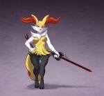 anthro areola arm_tuft black_body black_fur blush braixen breasts cheek_tuft digitigrade dipstick_tail eyelashes facial_tuft feet female female_anthro front_view fur generation_6_pokemon genitals hand_on_hip hi_res holding_melee_weapon holding_object holding_sword holding_weapon inner_ear_fluff looking_at_viewer markings medium_breasts melee_weapon nintendo nipples nude orange_areola orange_eyes orange_nipples orange_nose penetration pokemon pokemon_(species) rayzoir sex_toy sex_toy_in_vagina sex_toy_insertion shoulder_tuft smile solo sword tail tail_markings thick_thighs tuft vaginal vaginal_penetration vibrator vibrator_in_vagina vulva weapon white_body white_fur wide_hips yellow_body yellow_fur