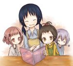  4girls :d :o ^_^ amakaze_sora apron black_hair blush book brown_apron brown_eyes brown_hair closed_eyes closed_mouth collared_shirt commentary_request grey_hair grey_jacket grey_shirt hair_bobbles hair_ornament holding holding_book hood hood_down hooded_jacket hoodie jacket long_hair low_twintails multiple_girls open_book original overalls parted_lips polka_dot polka_dot_shirt shirt short_twintails smile twintails two_side_up upper_body white_shirt yellow_hoodie 