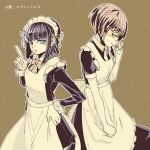  2girls alternate_costume apron black_dress blue_eyes blunt_bangs bow brown_background collared_dress commentary_request danganronpa_(series) danganronpa_2:_goodbye_despair danganronpa_kirigiri dress eyelashes finger_to_cheek freckles green_eyes hand_on_own_hip in-franchise_crossover index_finger_raised koizumi_mahiru long_sleeves maid medium_hair mole mole_under_eye motion_lines multiple_girls multiple_moles muted_colors open_mouth outline shinshishinc short_hair simple_background sweatdrop translation_request uozumi_kurumi very_short_hair white_apron white_outline 