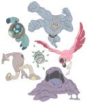  absurdres clenched_hands commentary_request extra_arms ferroseed flamigo full_body golett hand_on_ground highres hitmonlee machamp muk muscular on_one_knee open_mouth pokemon pokemon_(creature) pokemon_focus punching red_eyes simple_background smile spikes tartarte_tatin white_background 