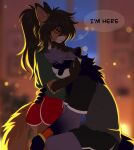 anthro bottomwear bracelet brown_body brown_hair canid canine clothing duo female fluffy fox grey_body hair hi_res hug jewelry male male/female mammal nova_(ima_n_ova) omzzi_(omzzimeow) omzzimeow procyonid raccoon shirt shorts text topwear