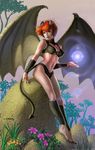  clothed clothing demon demon_wings energy female flower forrest grass greenary hair horn looking_at_viewer magic monster monster_rancher nature orange_hair pixie pixie_(monster_rancher) rock skimpy sky spade_tail succubus tree water wings 