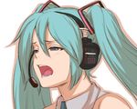  aqua_eyes aqua_hair detached_collar half-closed_eyes hatsune_miku headphones headset long_hair music nakano_tomokazu open_mouth singing twintails vocaloid 