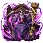  1boy ainz_ooal_gown armor artist_request black_robe fantasy full_body game_asset gold_trim grand_summoners holding holding_staff hood hood_up hooded_robe jewelry lich looking_at_viewer magic male_focus multiple_rings necromancer official_art overlord_(maruyama) pauldrons purple_aura red_eyes ring robe shoulder_armor simple_background sitting skeleton skull solo staff staff_of_ainz_ooal_gown third-party_source throne transparent_background undead wide_sleeves 