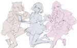  >:) 3girls :o animal_ear_headphones animal_ears azabu_mai blunt_bangs blunt_ends bob_cut cat_ear_headphones cat_ears closed_mouth collared_shirt fake_animal_ears headphones highres ikizulive!_love_live!_bluebird kidoku_machi_lovers konohana_aurora long_hair long_sleeves looking_at_viewer love_high_school_uniform love_live! miniskirt multiple_girls multiple_monochrome pleated_skirt ruoguiling sasaki_shion school_uniform shirt short_hair short_sleeves simple_background skirt smile unfinished v-shaped_eyebrows very_long_hair white_background 