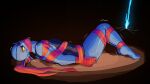 abs absurd_res angry anthro aquatic athletic athletic_female bdsm blue_body blue_skin bondage bound clothing eye_patch eyewear female fish gag hair hi_res long_hair melee_weapon one-piece_swimsuit polearm ponytail red_hair solo spear struggling submissive submissive_female swimwear tape tape_bondage tape_gag undertale_(series) undyne unverses weapon yellow_sclera