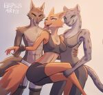 abs anthro arms_around_partner canid canine canis clothed clothing diane_foxington dreamworks ellipsisarts felid female female/female fox fur grey_body grey_fur group held_by_legs hi_res holding_partner kitty_kat_(the_bad_guys) male male/female mammal mr._wolf_(the_bad_guys) orange_body orange_fur pantherine partially_clothed smile smiling_at_another smiling_at_partner snow_leopard the_bad_guys tongue tongue_out trio wolf