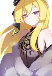  1girl absurdres black_dress black_ribbon blonde_hair blush commentary crystalier dress english_commentary flat_chest fur-trimmed_dress fur_trim hair_between_eyes hair_ribbon highres layered_dress long_hair looking_at_viewer matilda_(stella_sora) off_shoulder purple_eyes ribbon solo stella_sora white_background 