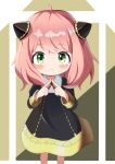  1girl :s absurdres anya_(spy_x_family) black_dress blush border brown_background child closed_mouth collared_shirt commentary cowlick dress eden_academy_school_uniform feet_out_of_frame frown furrowed_brow gold_trim green_eyes grey_background hairpods hands_up highres index_fingers_together long_sleeves looking_at_viewer medium_dress medium_hair neck_ribbon outside_border pink_hair red_ribbon ribbon school_uniform shirt snmdx solo spy_x_family standing straight-on tearing_up tears two-tone_background white_border white_shirt 