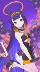  1girl :3 absurdres ao-chan_(ninomae_ina'nis) bare_shoulders black_collar black_dress black_gloves blue_eyes blunt_bangs center-flap_bangs closed_mouth clothing_cutout collar commentary cutout_above_navel detached_sleeves dress flat_chest fur-trimmed_collar fur_trim gloves gradient_hair halo highres hololive hololive_english long_hair looking_at_viewer mole mole_under_eye multicolored_hair ninomae_ina'nis ninomae_ina'nis_(1st_costume) okobo orange_hair platform_sandals pointy_ears purple_hair sandals short_dress sidelocks single_detached_sleeve sleeveless sleeveless_dress solo standing standing_on_one_leg straight_hair strapless strapless_dress takodachi_(ninomae_ina'nis) tentacle_hair tentacles thekaiyip toes tube_dress very_long_hair virtual_youtuber white_sleeves 