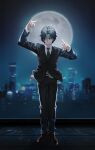  1boy absurdres black_hair black_jacket black_pants black_suit brown_shoes chrollo_lucilfer city closed_mouth full_body full_moon green_necktie headband highres hunter_x_hunter jacket jyc061010_v lapels long_sleeves looking_at_viewer male_focus moon necktie night notched_lapels one_eye_closed outdoors pants shoes short_hair solo standing suit suit_jacket 