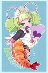  1girl antenna_hair apron apron_lift black_shirt blue_background clothes_lift colored_sclera colored_skin commentary_request elda_(precure) fang frilled_apron frills full_body green_eyes green_hair horizontal_pupils lifting_own_clothes long_sleeves looking_at_viewer maid maid_apron maid_headdress moudoku_(decopon3rd) multicolored_hair open_mouth pink_hair pink_skin precure shirt shrimp_girl shrimp_tail solo streaked_hair tropical-rouge!_precure two-tone_hair white_apron yellow_sclera 