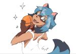 anthro ball basketball blue_hair blue_tail brand_new_animal canid canine clothing dextrose_(artist) dipstick_hair dipstick_tail facial_markings fangs fluffy fluffy_tail glistening glistening_hair gloves_(marking) hair head_markings hi_res holding_ball holding_object looking_at_viewer looking_back looking_back_at_viewer mammal markings mask_(marking) michiru_kagemori multicolored_eyes open_mouth open_smile pointy_ears prick_ears raccoon_dog shirt signature simple_background smile solo sparkles studio_trigger tail tail_markings tank_top tanuki teeth tongue topwear white_clothing white_shirt white_tank_top white_topwear