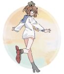  1girl blue_sailor_collar blush brown_eyes brown_hair commentary_request dress from_behind hair_between_eyes headgear highres kantai_collection kpgametarou long_sleeves looking_at_viewer looking_back neckerchief open_mouth rudder_footwear sailor_collar sailor_dress shoes short_dress short_hair simple_background solo teeth upper_teeth_only white_dress yukikaze_(kancolle) 