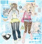  2000 2000s_(style) 2girls absurdres animal_print bag bandaid bandaid_on_face bandaid_on_nose bare_shoulders bear_necklace belt blonde_hair bracelet braid braided_twintails brown_hair butter cat_hair_ornament cat_ornament chibi flower_ornament food frown glasses grey_eyes gyaru hair_ornament hair_tie handbag heart highres jewelry leopard_print multiple_girls musical_note nangnak necklace one_eye_closed original pants pants_under_skirt pantyhose pink_bag pink_belt ponytail popsicle shoes short_shorts shorts skirt star_(symbol) star_necklace v white_shoes wing_hair_ornament wing_ornament y2k_fashion yellow_eyes yellow_skirt 