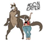 after_transformation anthro big_butt big_grin big_teeth bottomwear breasts butt canid canine canis clothing danver_the_werewolf dark_body dark_skin denim denim_bottomwear denim_clothing diegutan eyelashes female grin hi_res humanoid humanoid_pointy_ears jacket jeans larger_female logo mammal mythological_canine mythological_creature mythology pants pointy_ears sharp_teeth simple_background size_difference small_breasts smile solo stretching stretching_arms tail teeth thick_eyelashes tiptoes tomboy topwear transformation werecanid werecanine werecreature werewolf white_background wide_hips wolf wolf_tail