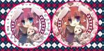  1girl animal_ears black_dress black_thighhighs blue_eyes chibi chibi_only circle_name coaster commentary_request dress fake_animal_ears full_body garter_straps hanimitsu long_hair looking_at_viewer open_mouth orange_hair pink_hair plaid_background pointy_ears priest_(ragnarok_online) purple_dress rabbit_ears ragfes ragnarok_online smile stuffed_animal stuffed_rabbit stuffed_toy thighhighs 