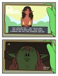 2025 2_panel_comic absurd_res bangs blush bonnymama7 clothed clothed_female clothing cloud comic digital_media_(artwork) elf elphaba_(bonnymama7) english_text eyebrows eyelashes female fingers freckled_face freckles front_view goblin green_body hair hi_res humanoid humanoid_hands mouth_closed shaded sky solo_focus text yellow_sky