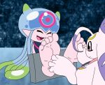 2022 5_toes animal_humanoid aquatic aquatic_humanoid bandai_namco barefoot big_feet blue_background cnidarian cnidarian_humanoid detailed_background digimon digimon_(species) digital_background digital_drawing_(artwork) digital_media_(artwork) duo eyes_closed feet female foot_fetish foot_focus foot_play footsie hi_res humanoid jellyfish jellyfish_humanoid jellymon laugh lunamon medusozoan medusozoan_humanoid pink_body pink_eyes plantigrade restraints ryoosakuling simple_background sitting smile soles stocks tickling tickling_feet toes