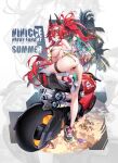  1girl ass bag bikini breasts crab eyewear_on_head fangs full_body goddess_of_victory:_nikke gold_bikini hair_between_eyes high_ponytail highres holding holding_bag large_breasts long_hair looking_at_viewer mandrill motor_vehicle motorcycle on_motorcycle open_mouth palm_tree ponytail red_hair red_hood_(nikke) sand sandals side-tie_bikini_bottom skin_fangs solo star-shaped_eyewear star_(symbol) swimsuit thigh_strap tree yellow_eyes 