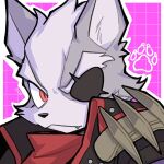  1boy animal_ears artist_name closed_mouth commentary eyepatch fang fang_out furry furry_male grey_fur looking_at_viewer male_focus paw_print red_eyes smile st00cc star_fox twitter_username untranslatable_commentary wolf_boy wolf_ears wolf_o'donnell 