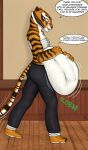2025 absurd_res anthro belly big_belly black_bottomwear black_clothing black_nose black_pants black_stripes bottomwear clothing dragonczech dreamworks duo english_text felid female female_pred fully_inside fur hi_res kung_fu_panda mammal master_tigress orange_arms orange_body orange_eyes orange_fur orange_tail pantherine pants rumbling_stomach speech_bubble stripes tail talking_to_prey text tiger unseen_prey vore watermark white_belly white_body white_fur