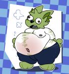 abstract_background arm_hair belly belly_blush big_belly blush bodily_fluids body_blush body_hair bottomwear breath chest_hair clothing costume denim denim_bottomwear denim_clothing flying_sweatdrops fur fursuit fursuit_head fursuiter fursuiting glistening glistening_belly googly_eyes green_body green_fur green_hair hair hairy_legs hi_res human jeans jumpy_(pawplants) male mammal moobs navel nipples obese open_mouth overweight overweight_male panting pants partial_fursuit pawplants sagging_pants solo standing sweat sweatdrop thick_thighs wide_hips