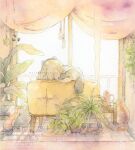  1girl book book_stack cat commentary_request couch curtains from_behind grey_hair indoors light_particles mura_(yoshishi_ff) on_couch original painting_(medium) pillow plant potted_plant rug solo traditional_media watercolor_(medium) watering_can watermark window 