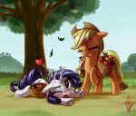 2012 apple applejack_(mlp) bangs blonde_hair blue_eyeshadow blush cartoon_freckles clothing cowboy_hat detailed_background digital_media_(artwork) duo equid equine eyelashes eyes_closed eyeshadow female feral food freckled_face freckles friendship_is_magic fruit hair hasbro hat headgear headwear hi_res hooves horn long_eyelashes makeup mammal my_little_pony mythological_creature mythological_equine mythology one_eye_closed orange_body outside plant pupils purple_hair quadruped rarity_(mlp) smile tail tree unicorn white_body whitediamonds